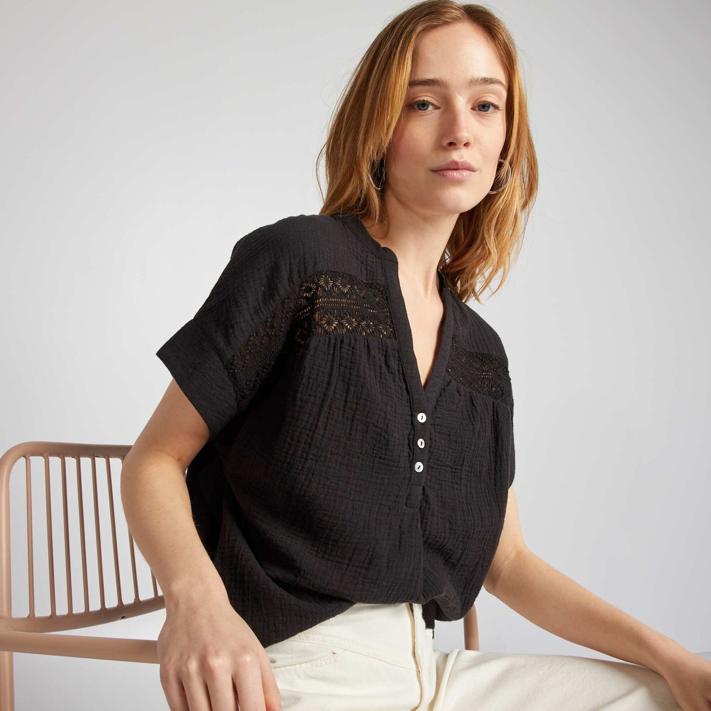 Short-sleeved cotton gauze blouse BLACK
