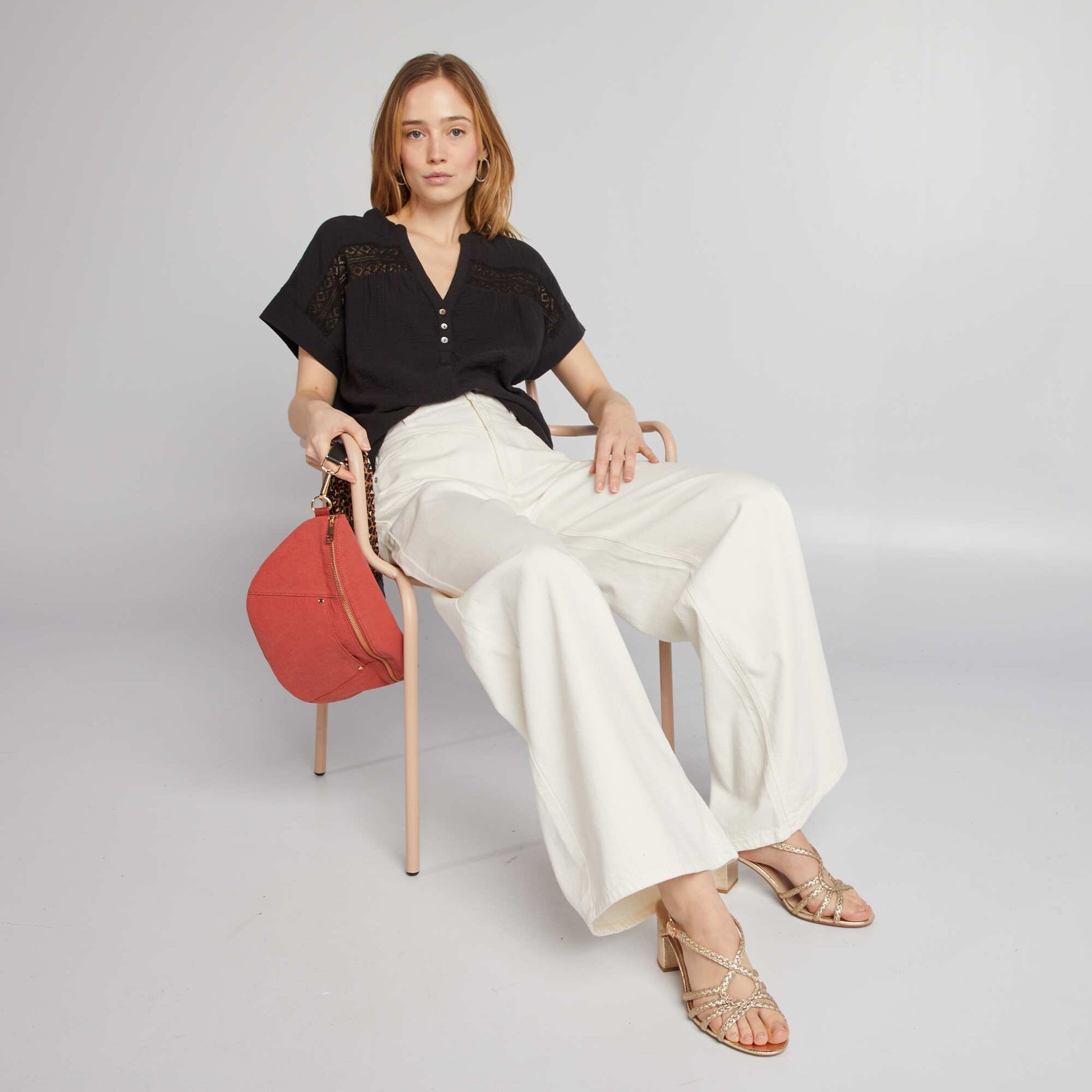 Short-sleeved cotton gauze blouse BLACK