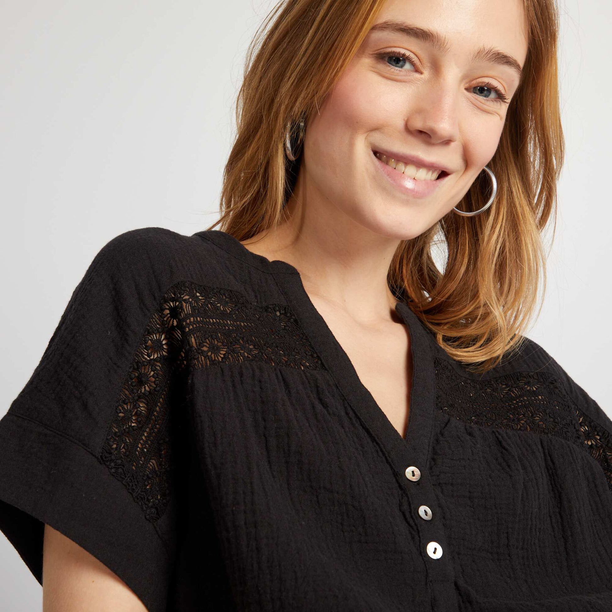 Short-sleeved cotton gauze blouse BLACK