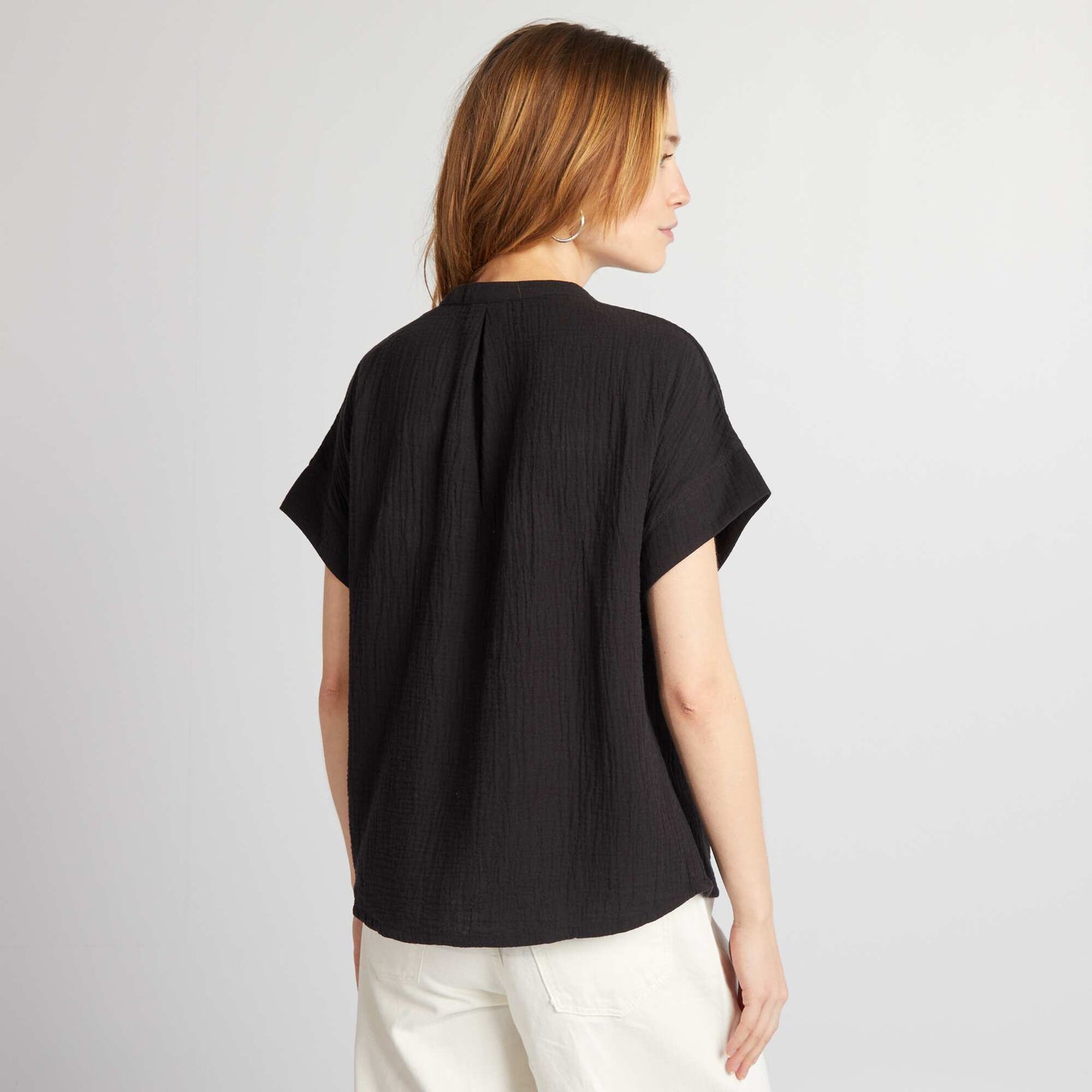 Short-sleeved cotton gauze blouse BLACK