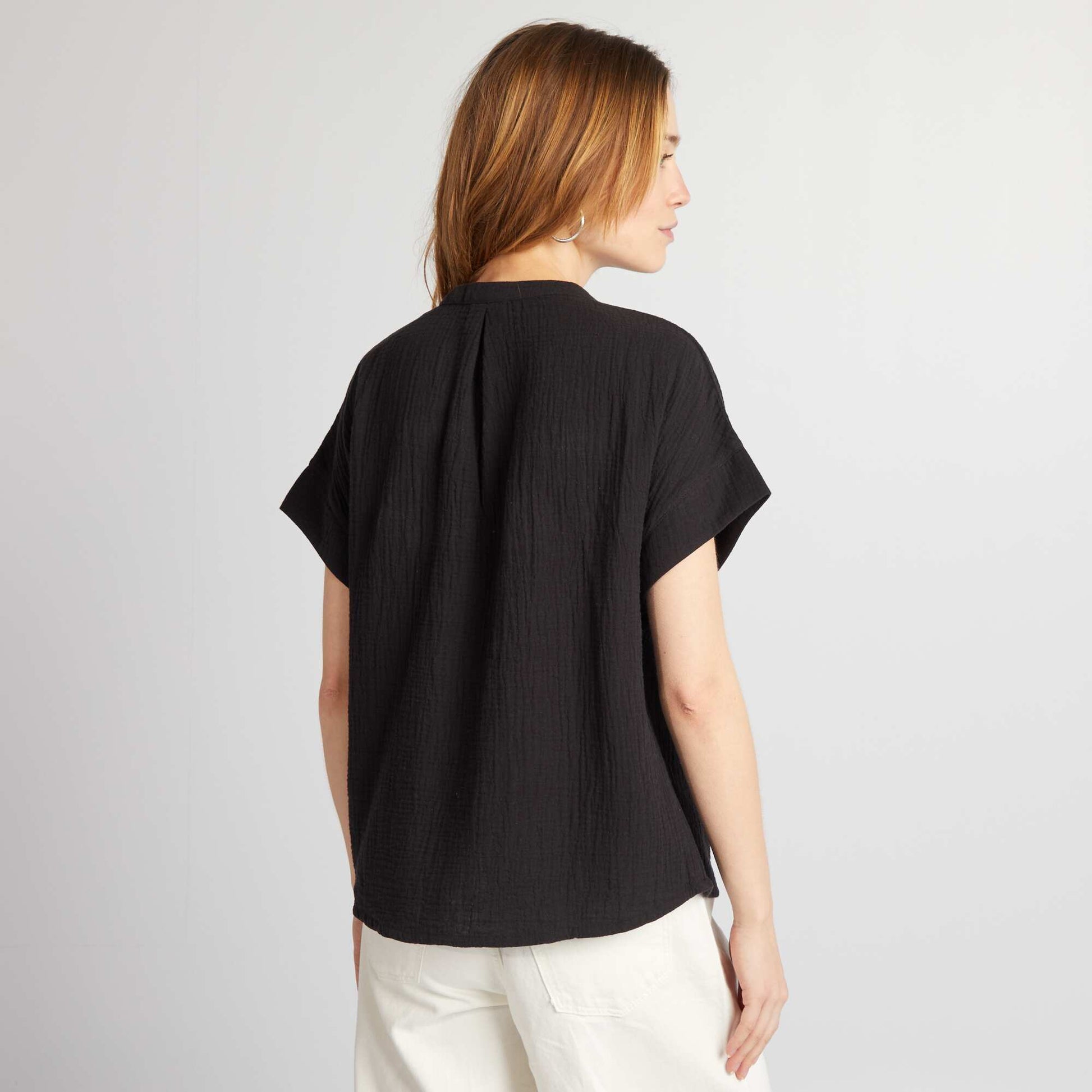 Short-sleeved cotton gauze blouse BLACK