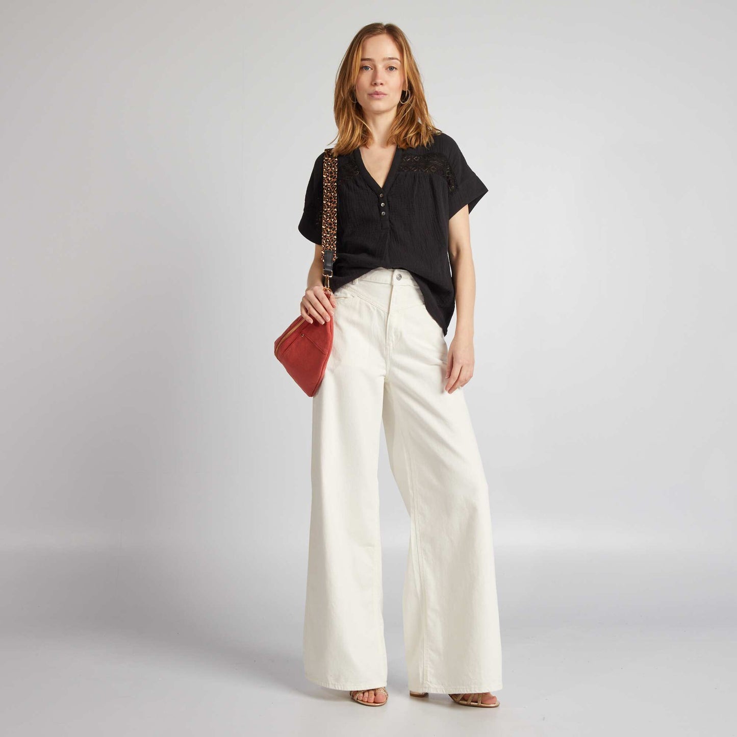 Short-sleeved cotton gauze blouse BLACK