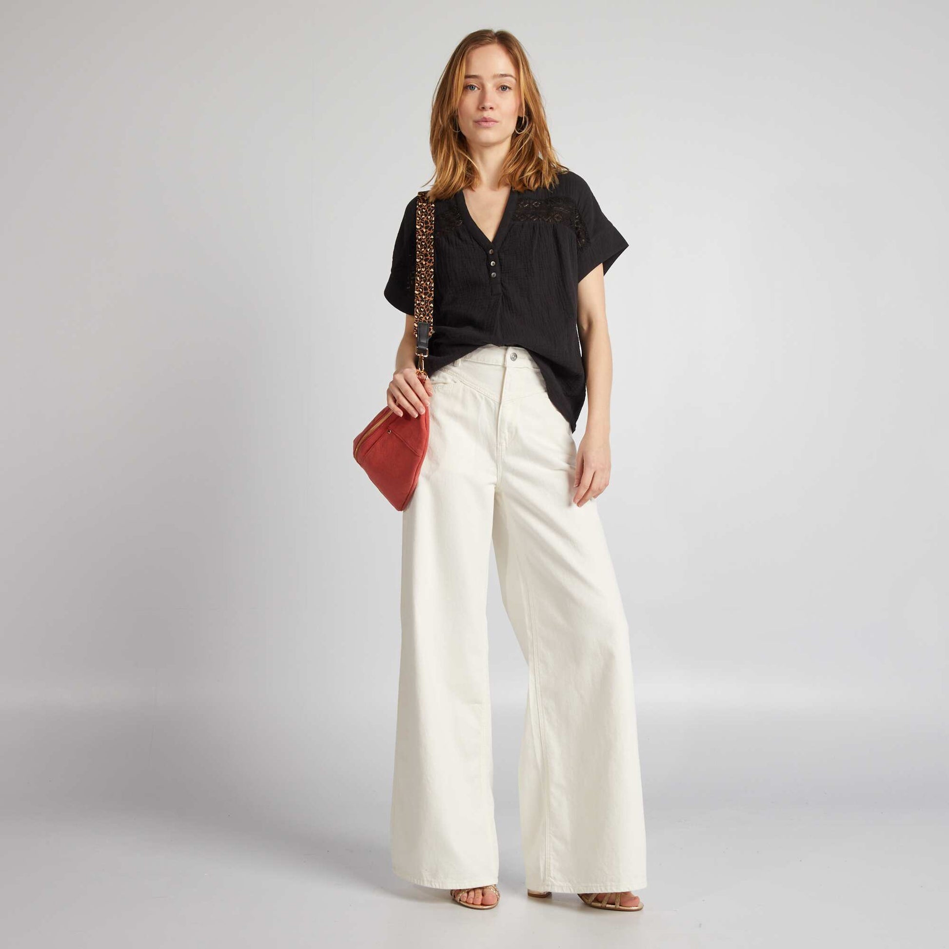 Short-sleeved cotton gauze blouse BLACK