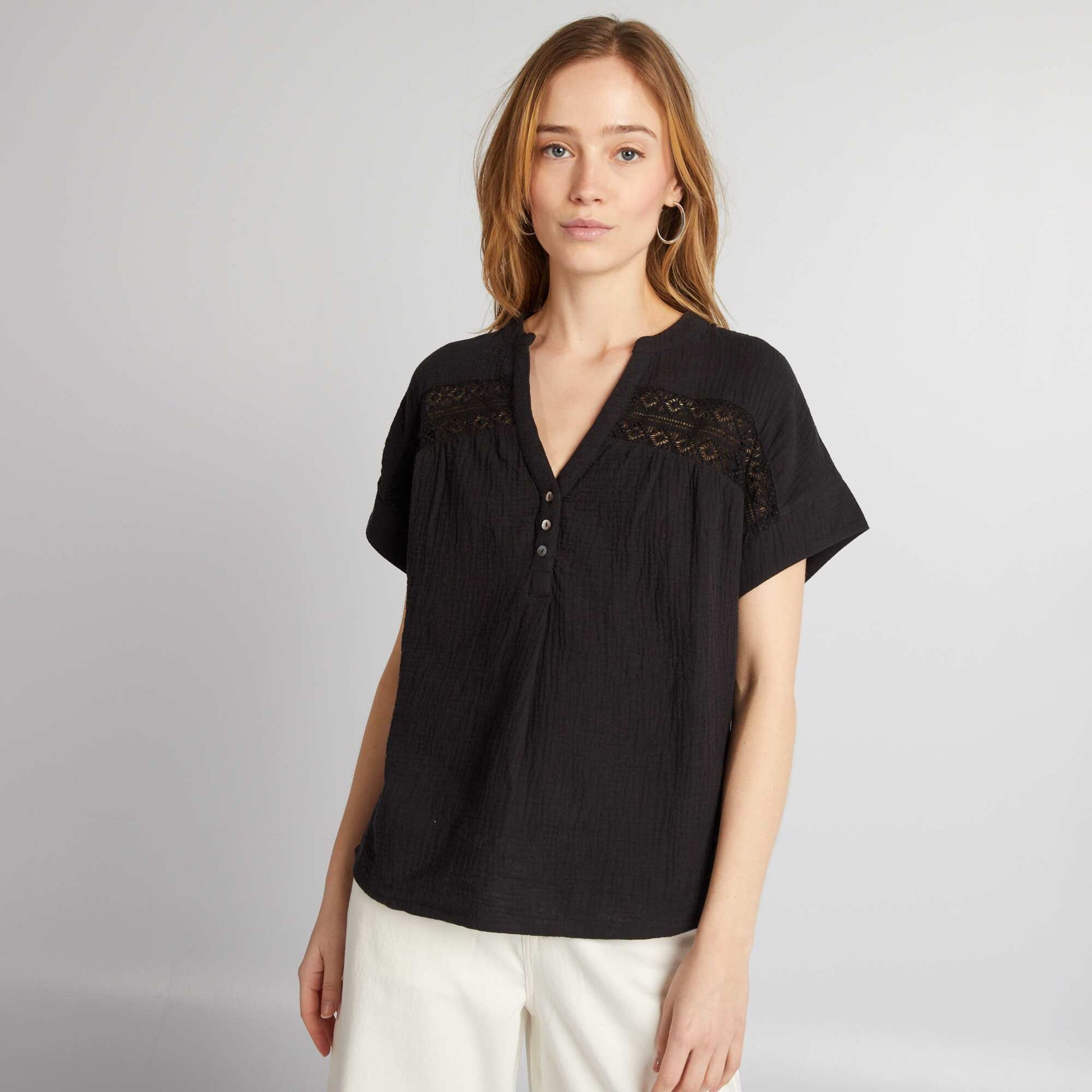 Short-sleeved cotton gauze blouse BLACK
