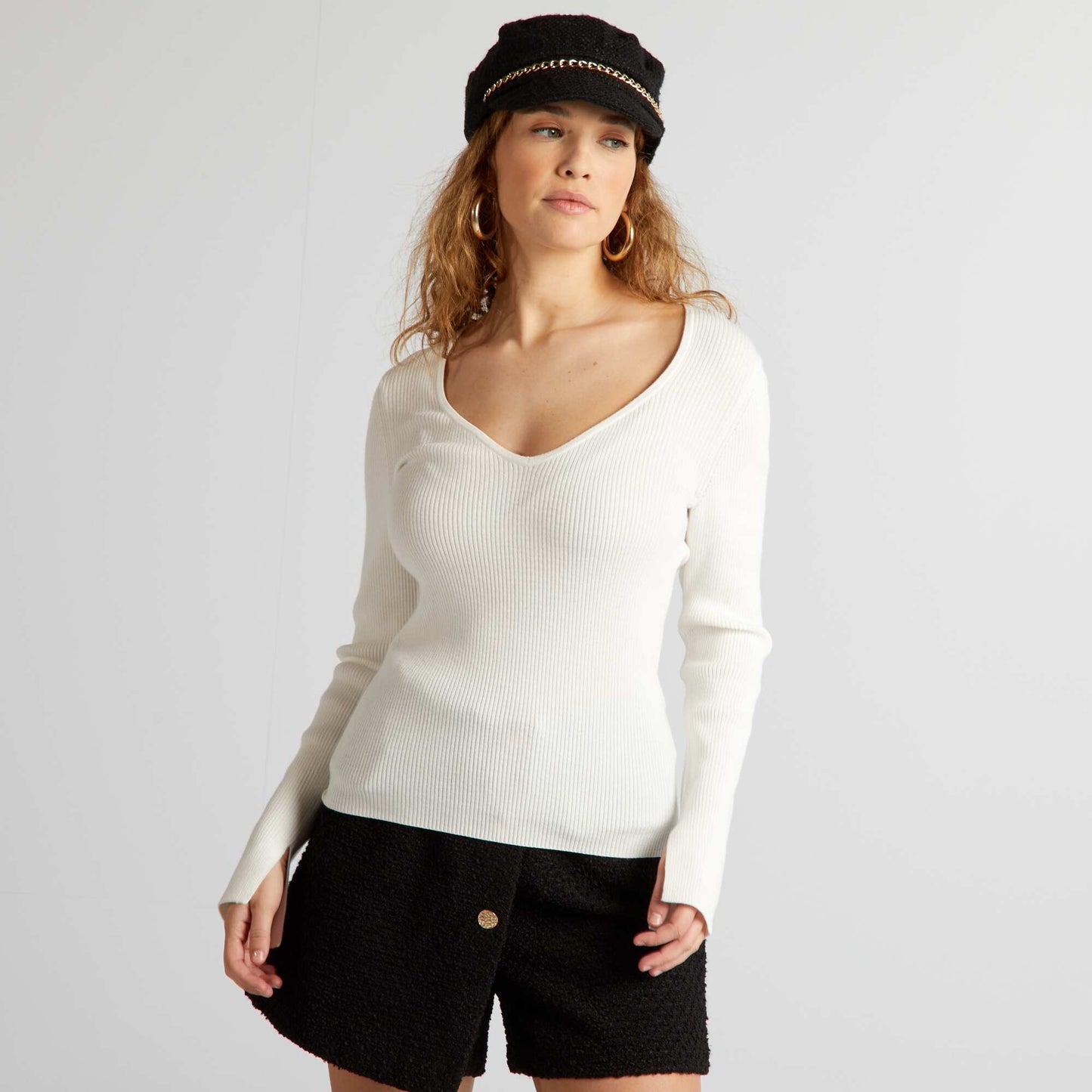 Ribbed sweater with sweetheart neckline WHITE