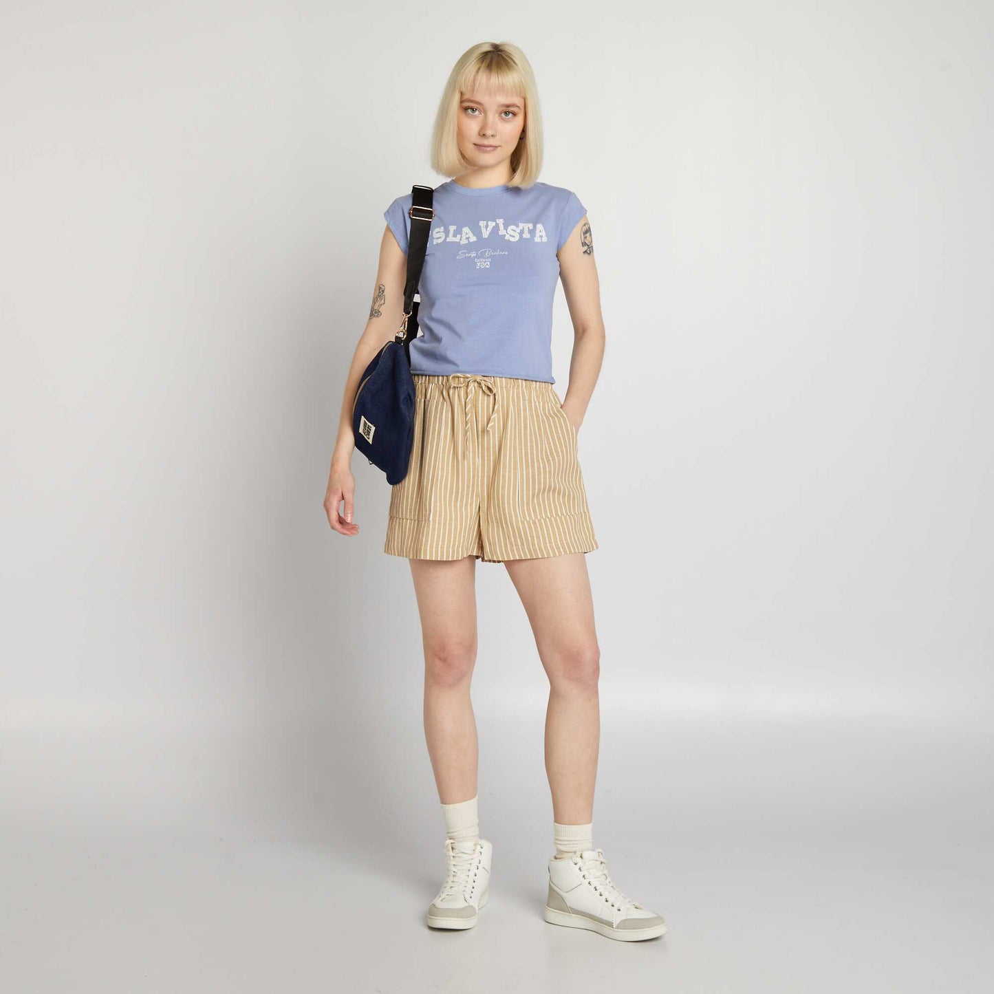 Striped linen shorts BEIGE