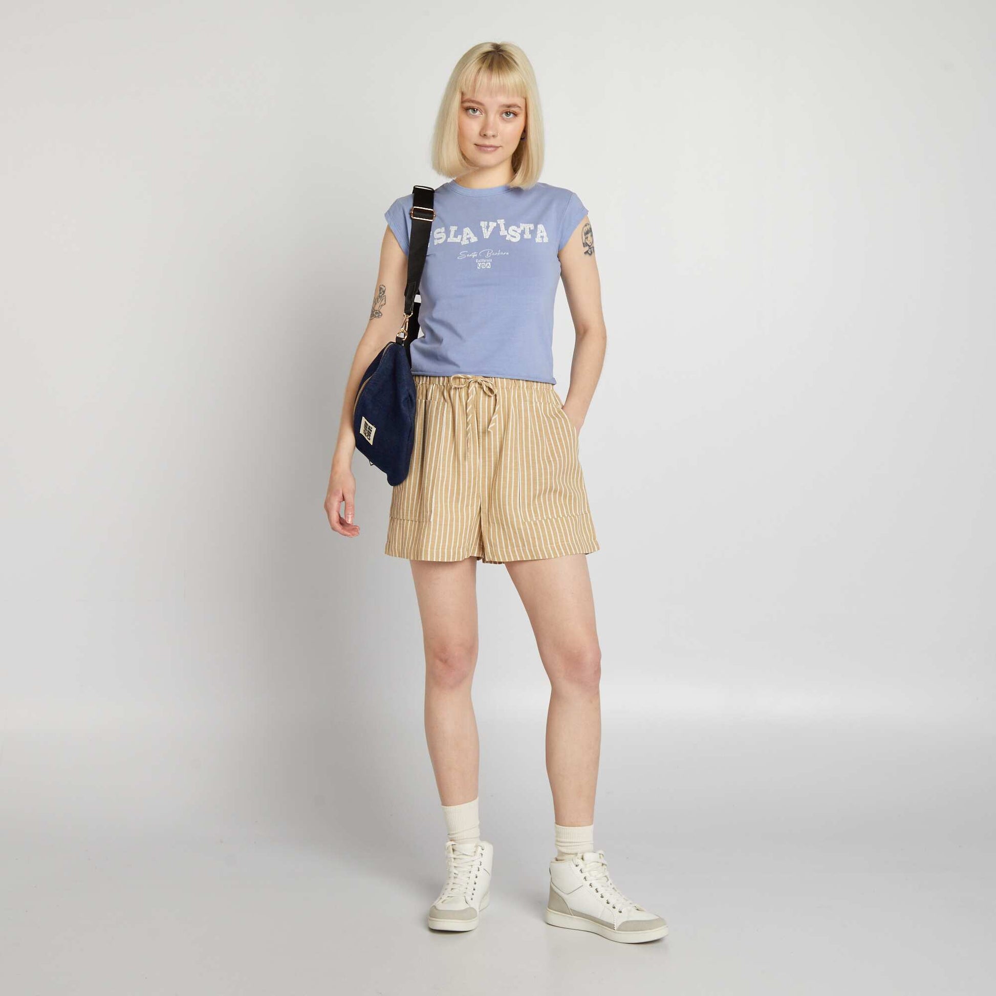 Striped linen shorts BEIGE