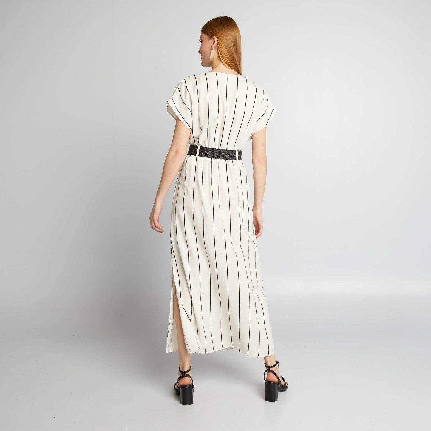 Striped linen-blend dress BEIGE