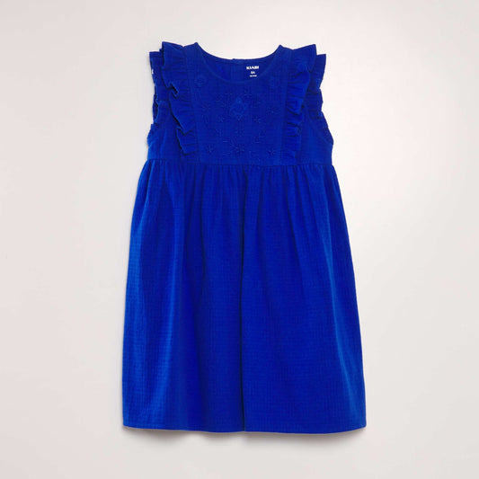 Ruffled embroidered dobby cotton dress blue
