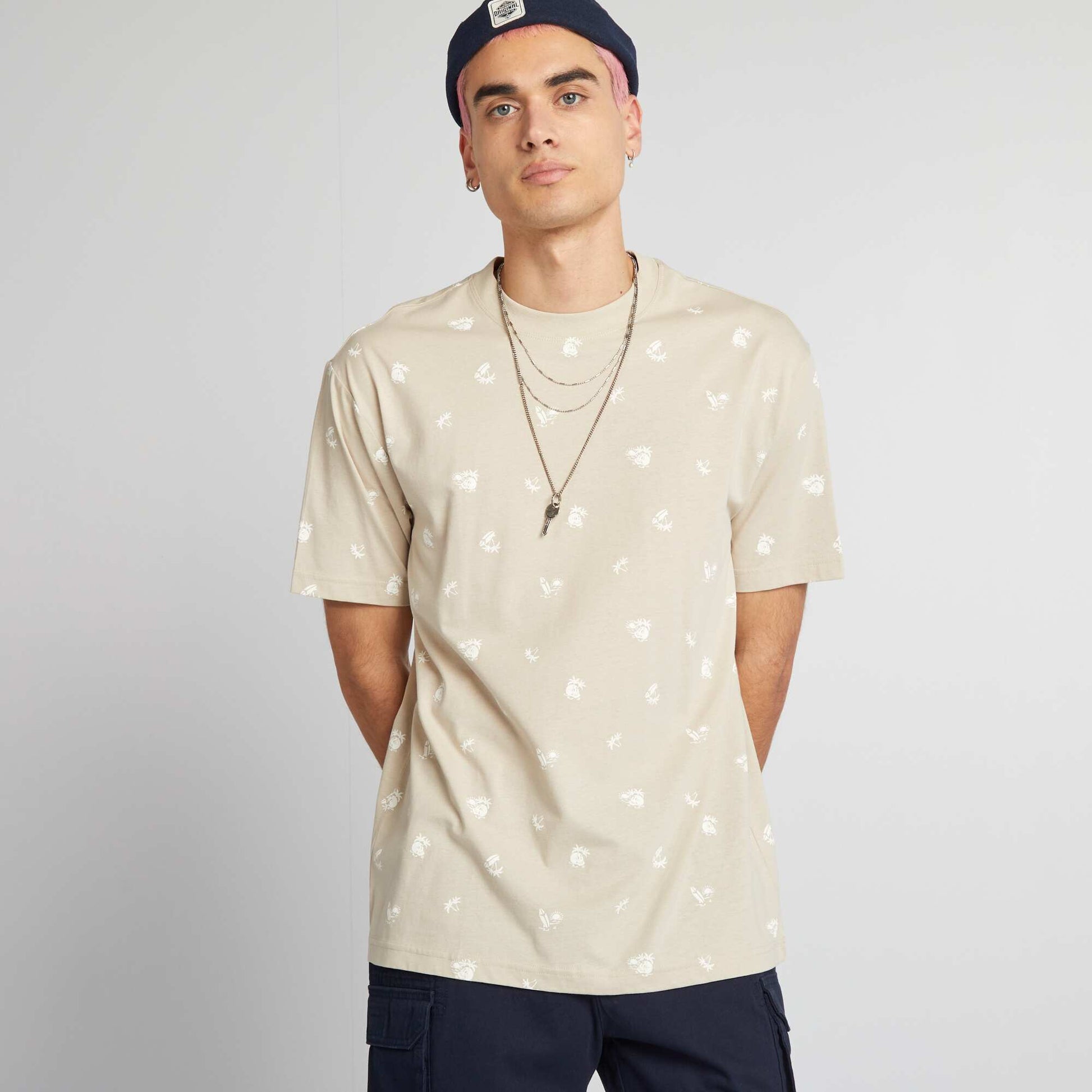 تي شيرت مطبوع برقبة مستديرة BEIGE