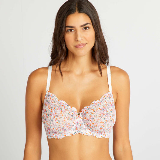 Floral lace demi-cup bra for D&E cups WHITE