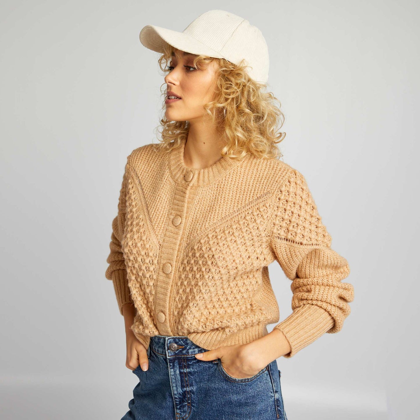 Textured plush knit cardigan BEIGE