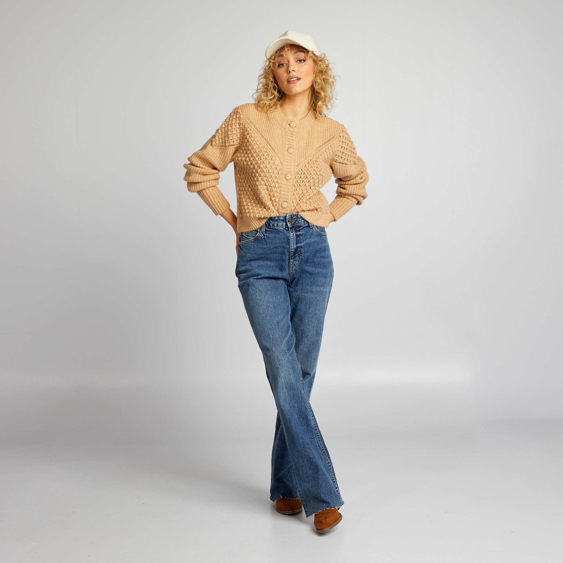Textured plush knit cardigan BEIGE