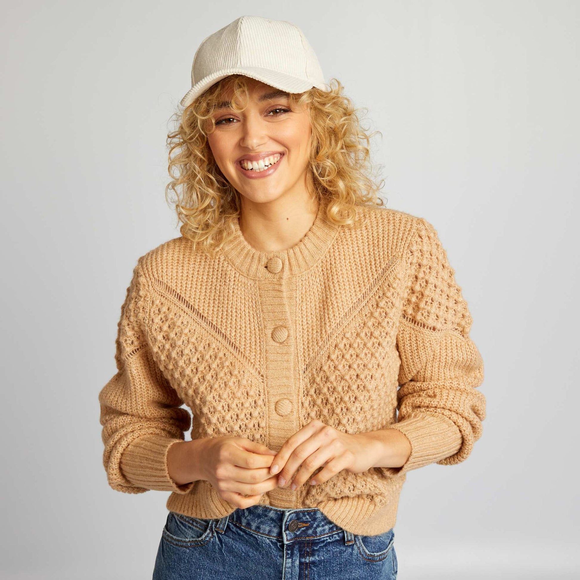 Textured plush knit cardigan BEIGE