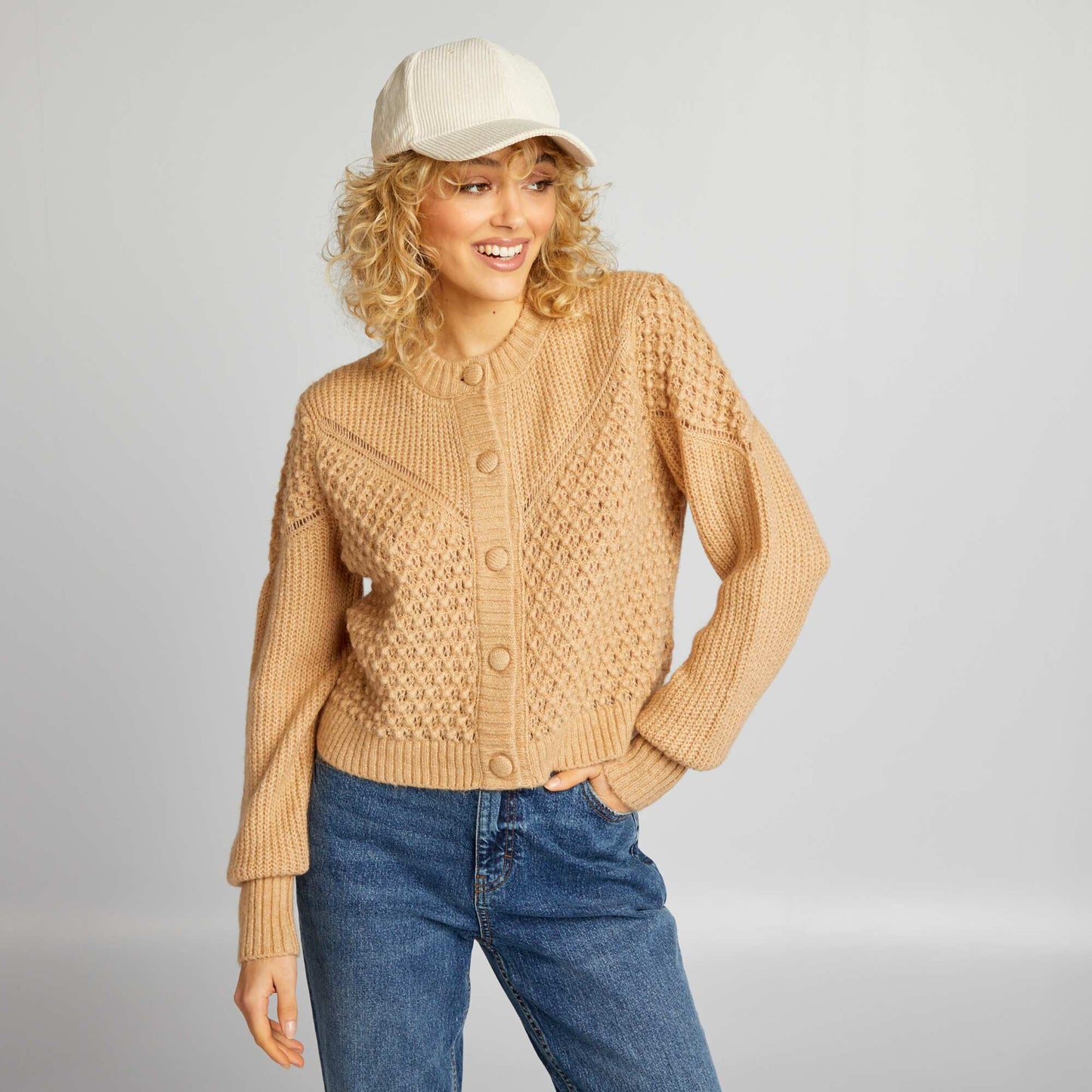 Textured plush knit cardigan BEIGE