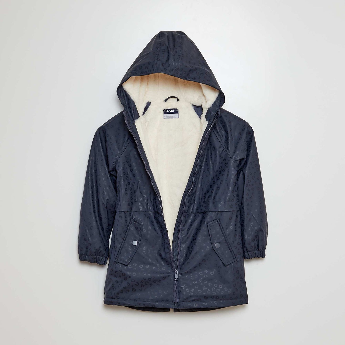 Mid-length faux fur-lined hooded parka BLUE