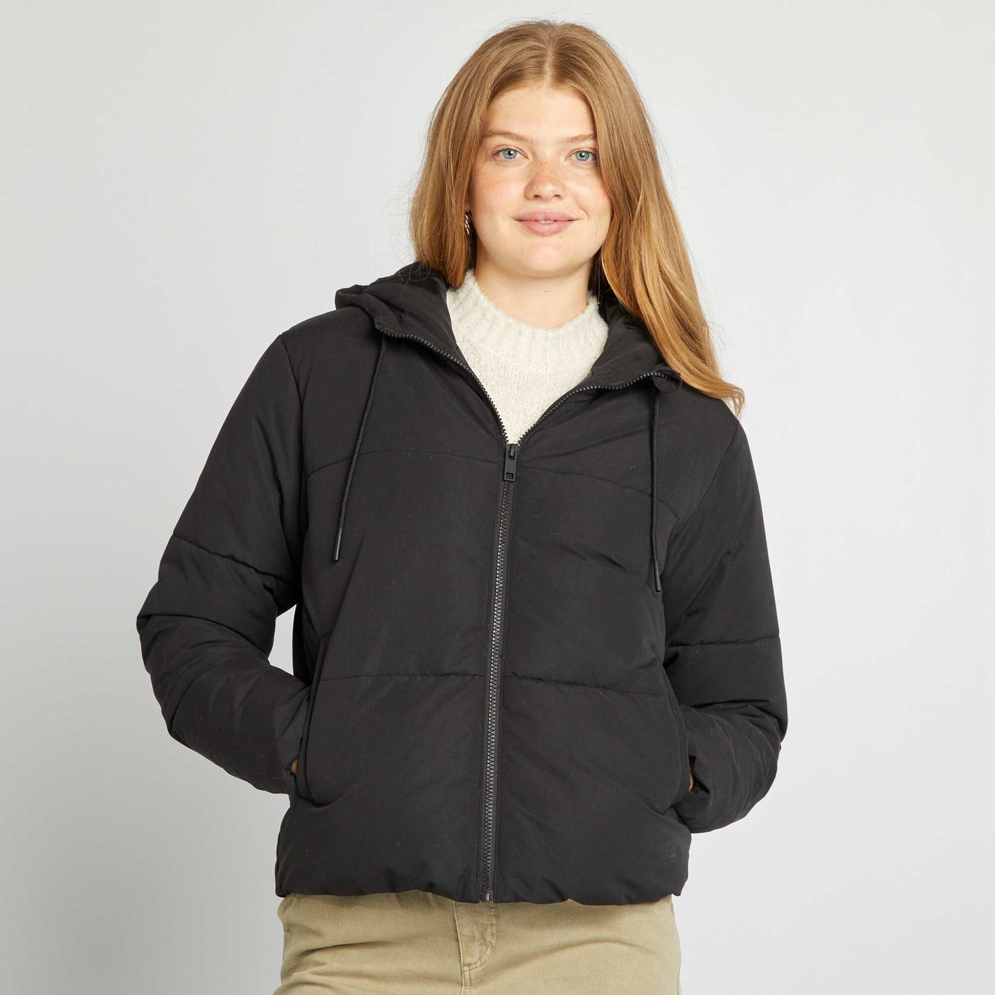 Zip-up hooded padded jacket BLACK