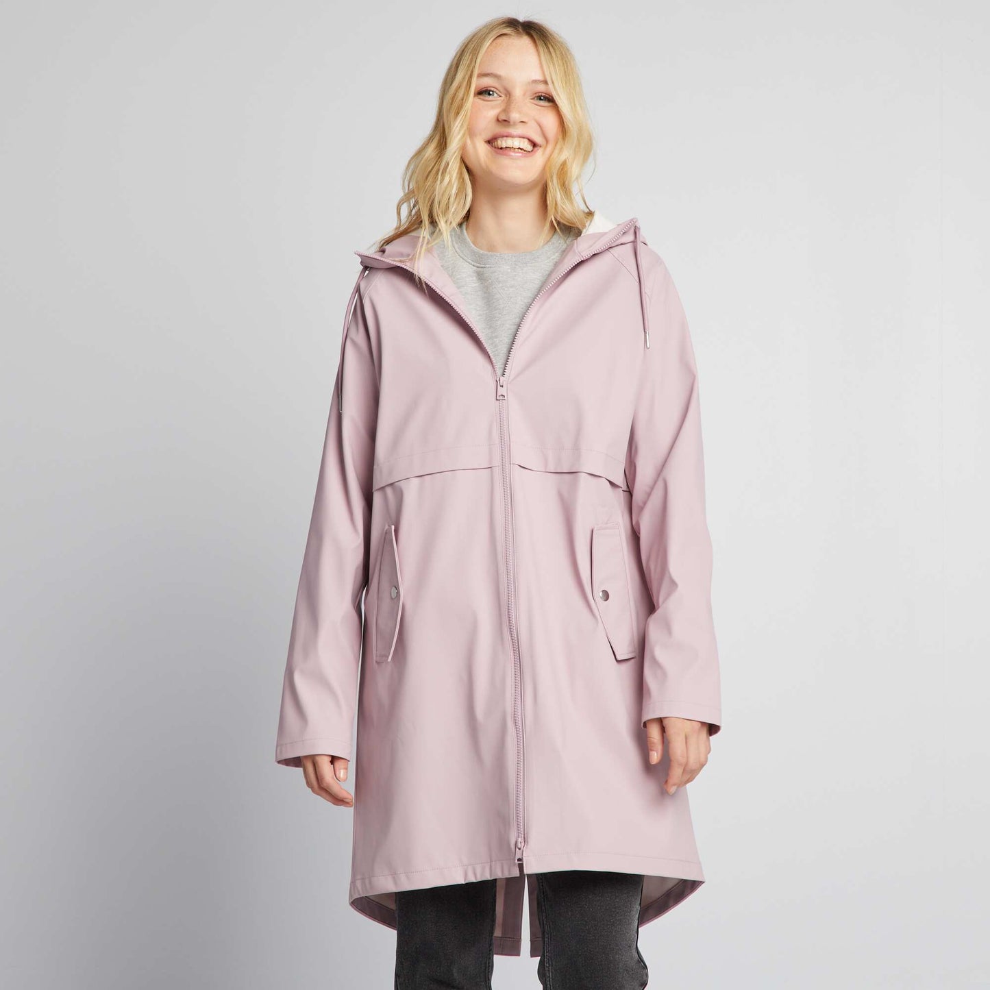 Long showerproof parka with reflective detailing PINK