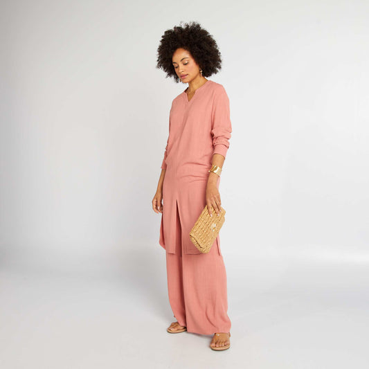 Linen-blend dress with slits PINK