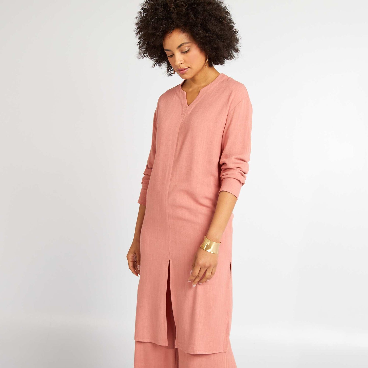 Linen-blend dress with slits PINK