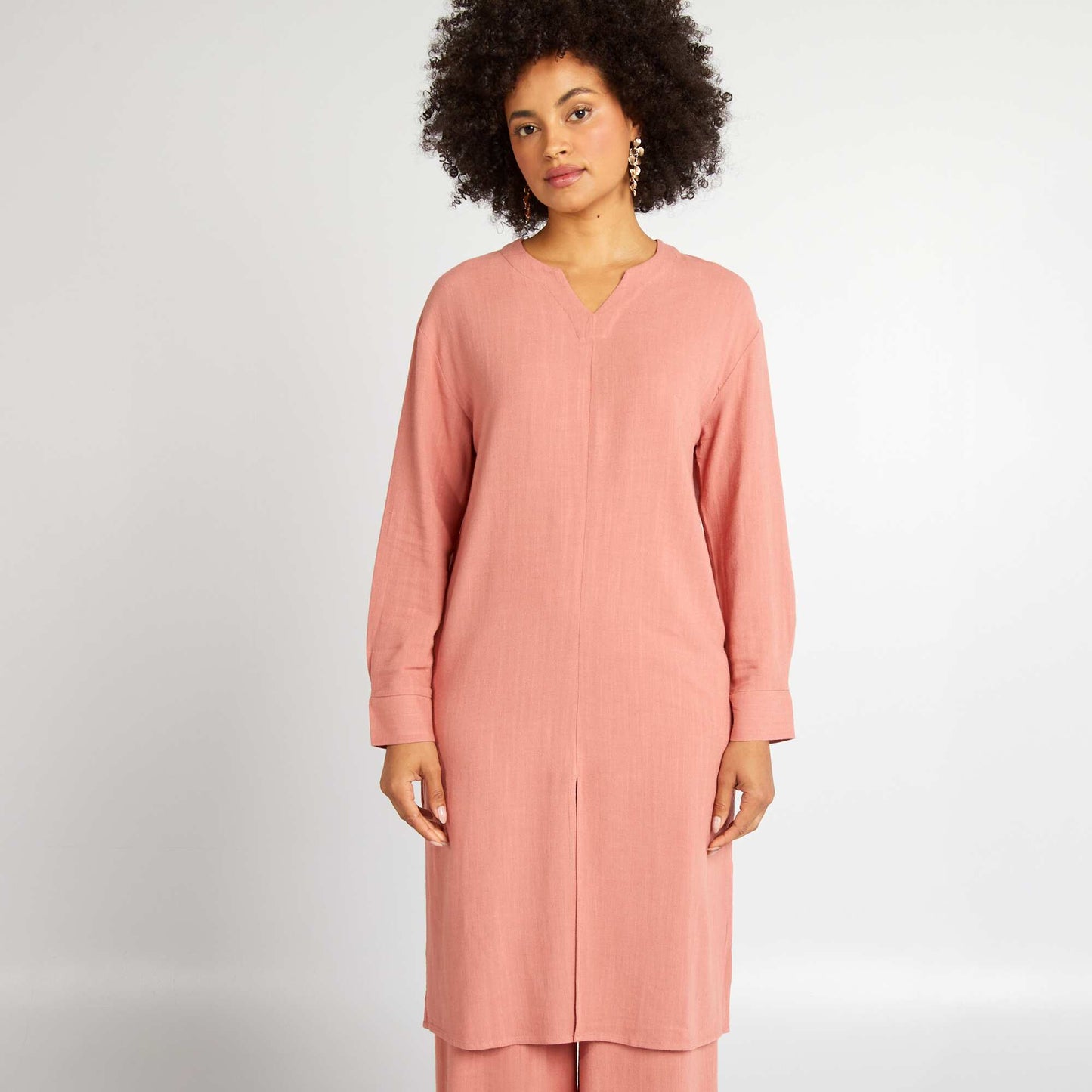 Linen-blend dress with slits PINK