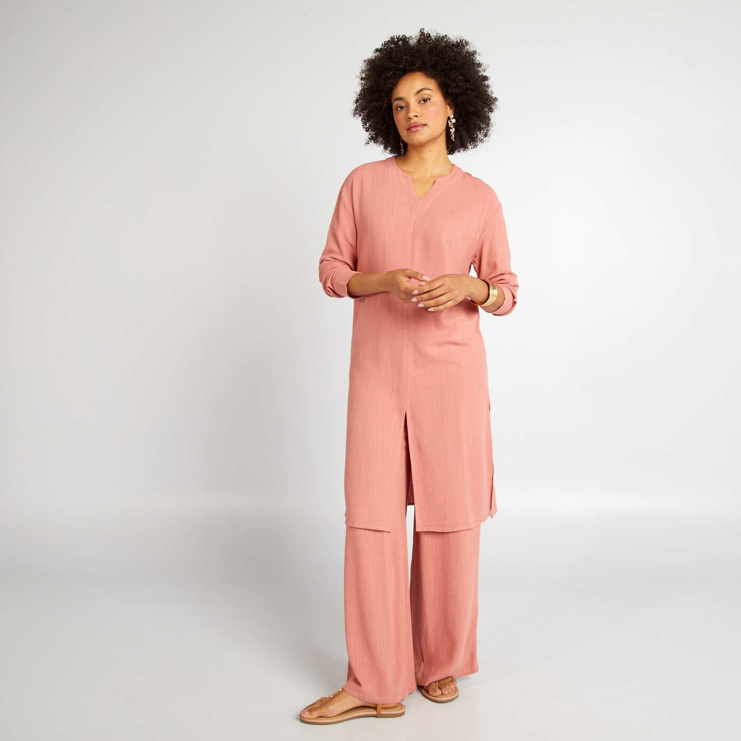 Linen-blend dress with slits PINK