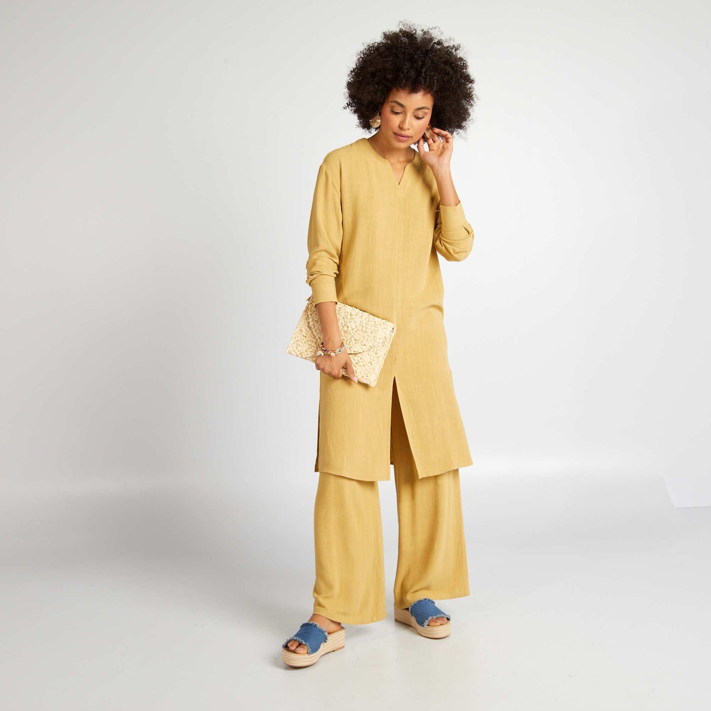 Linen-blend dress with slits YELLOW