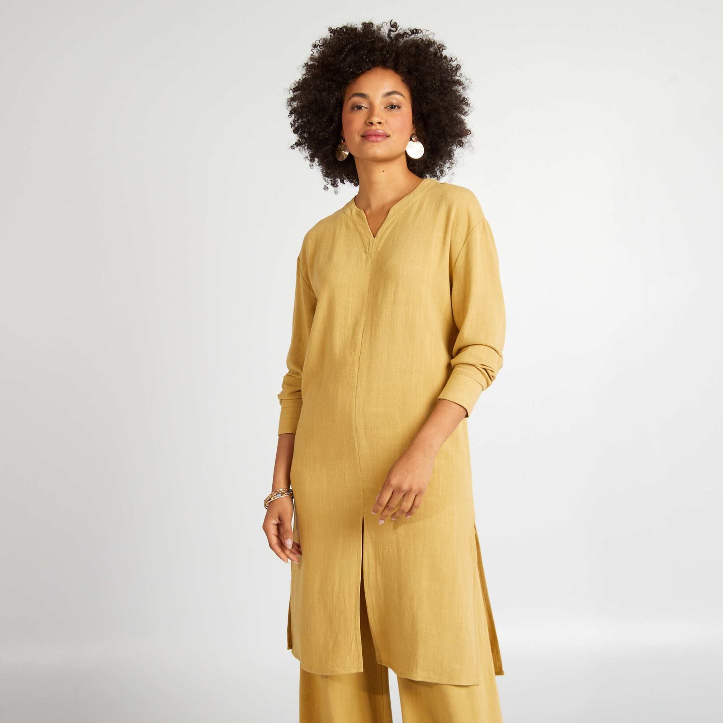 Linen-blend dress with slits YELLOW