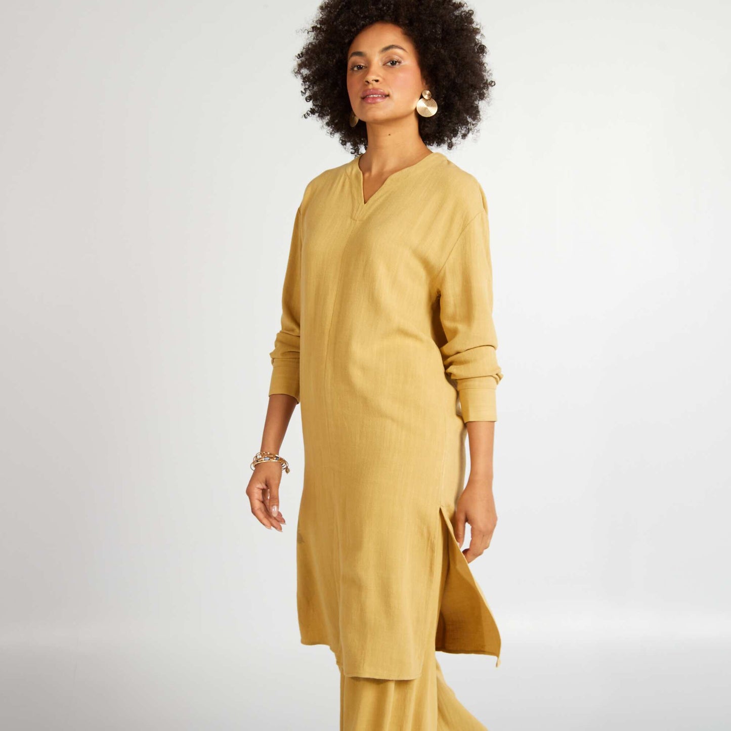 Linen-blend dress with slits YELLOW