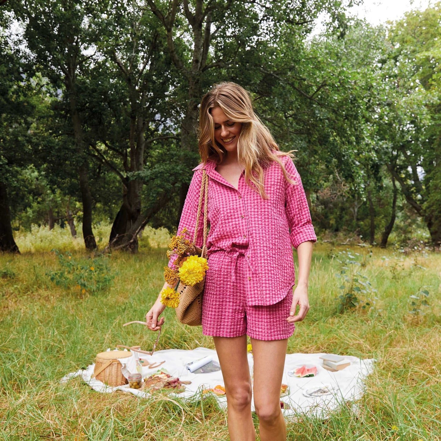 Gingham print waffled shorts PINK