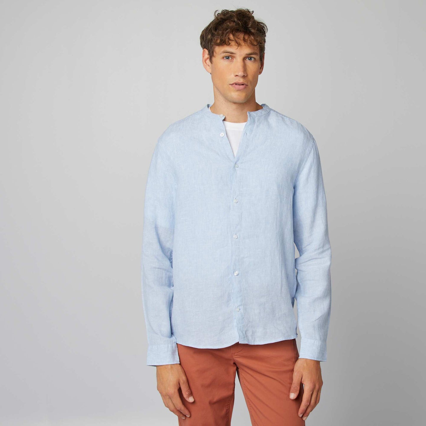 Plain mandarin collar shirt BLUE