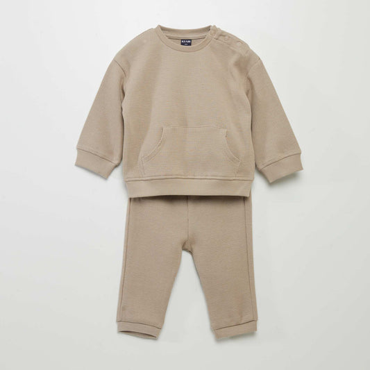 Waffle-knit fabric sweatshirt + trousers set - 2-piece set beige