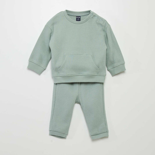 Waffle-knit fabric sweatshirt + trousers set - 2-piece set GREEN