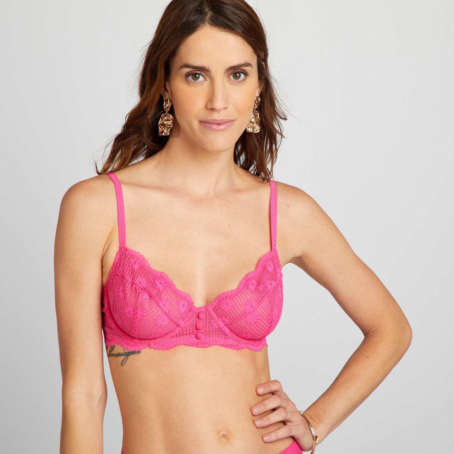 Lace demi-cup bra with buttons PINK