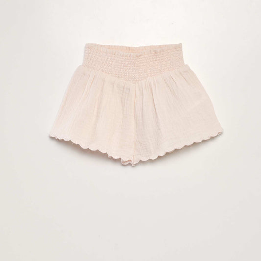 Cotton gauze shorts with smocked waist PINK