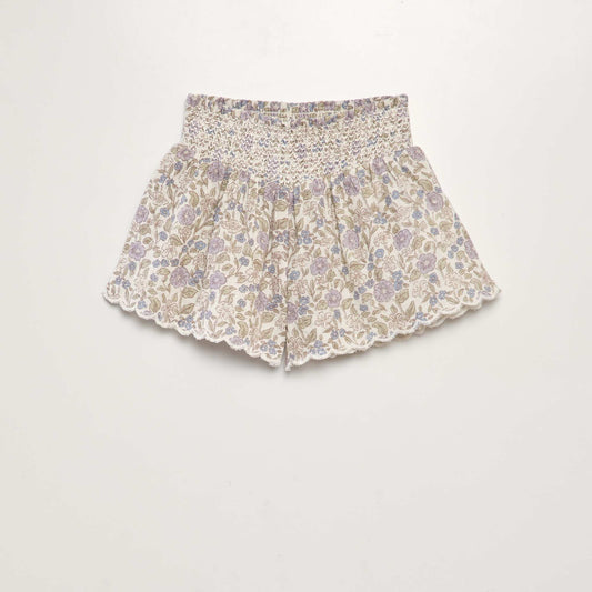 Cotton gauze shorts with smocked waist WHITE