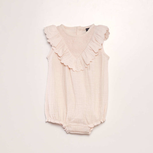 Cotton gauze ruffled romper PINK