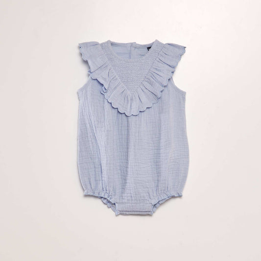 Cotton gauze ruffled romper BLUE