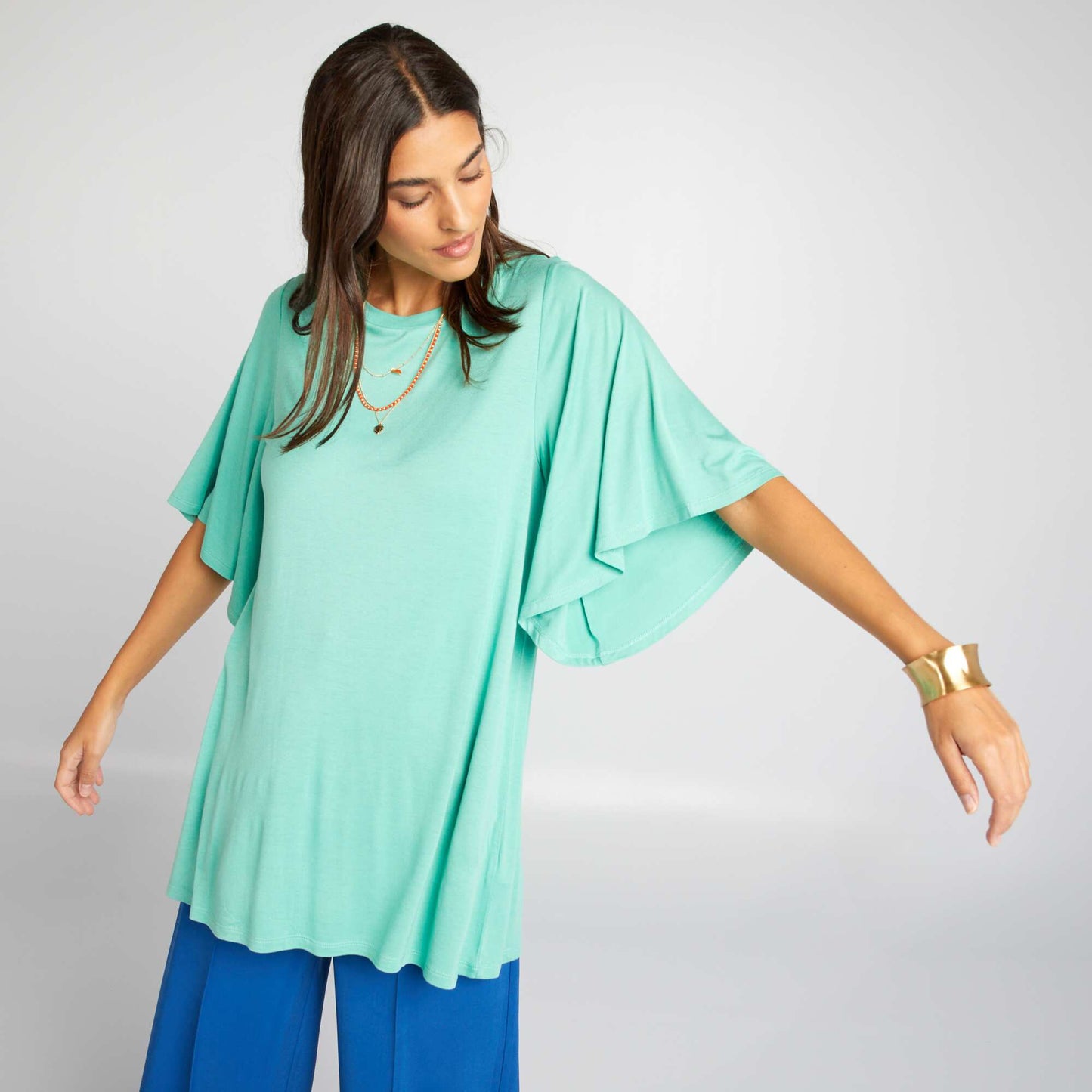 Flowing T-shirt with batwing sleeves GREEN