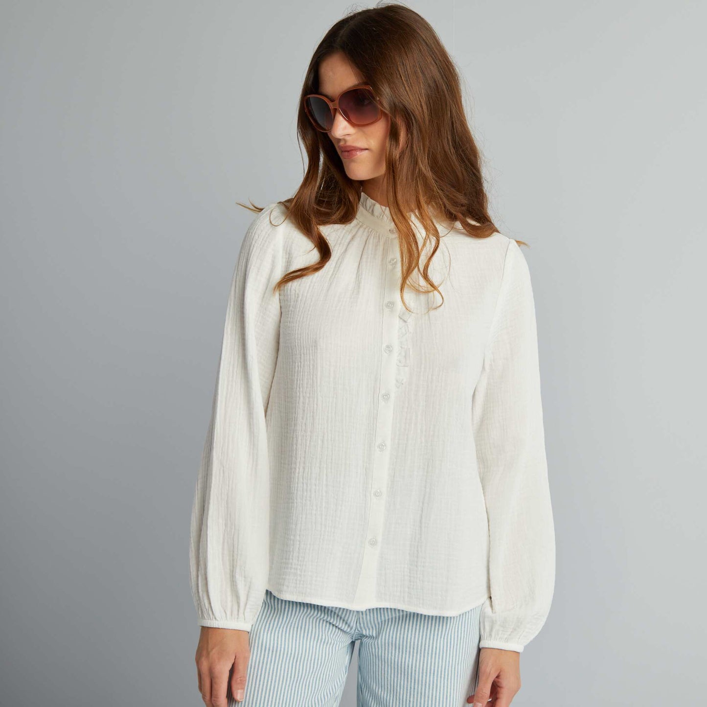 Double cotton gauze ruffled blouse WHITE