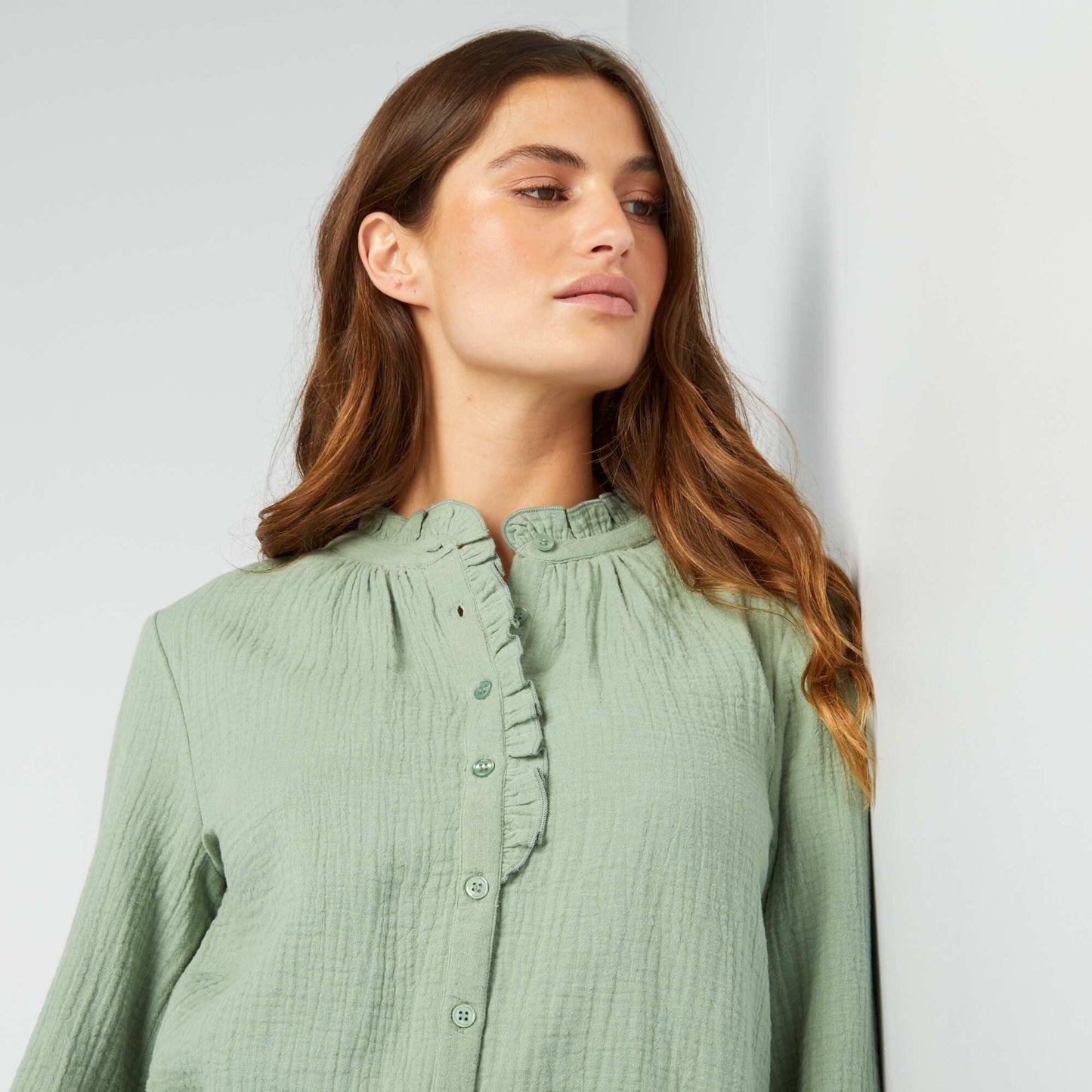 Double cotton gauze ruffled blouse GREEN