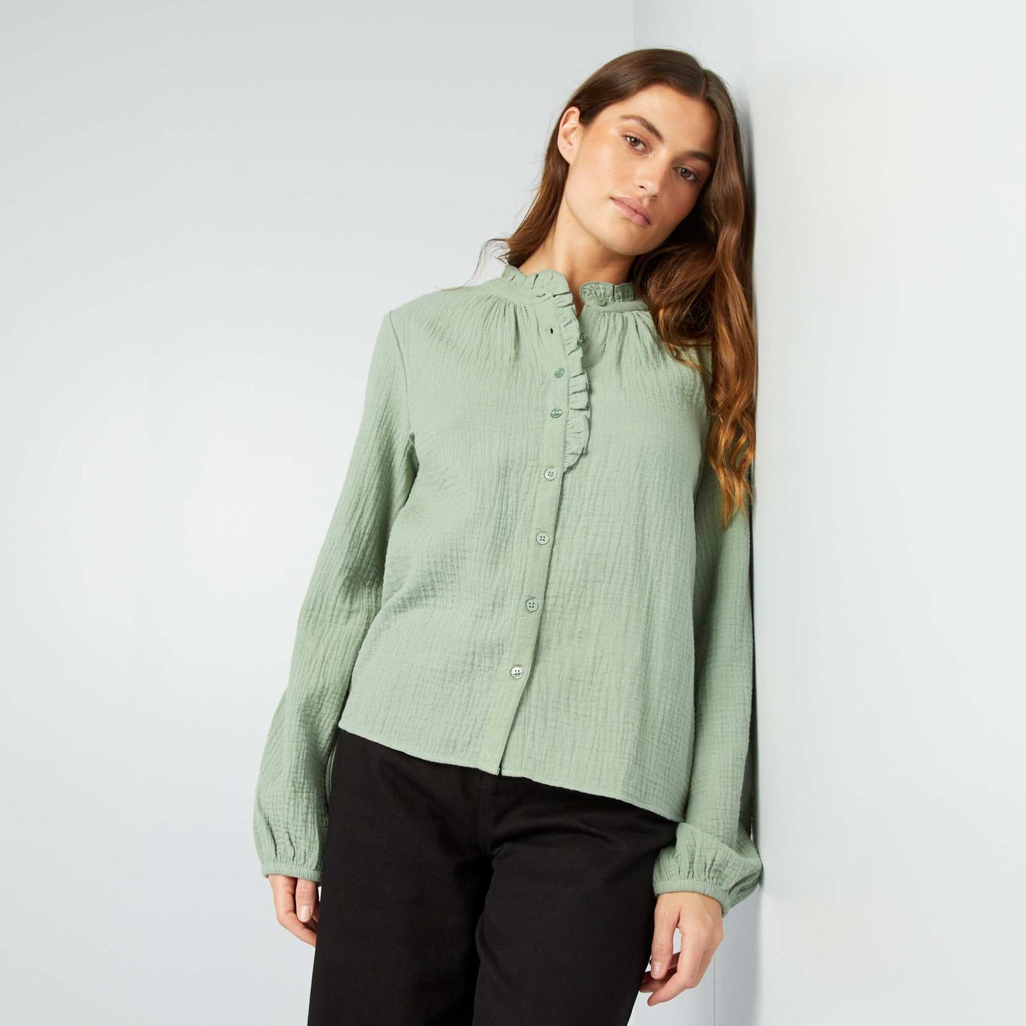 Double cotton gauze ruffled blouse GREEN