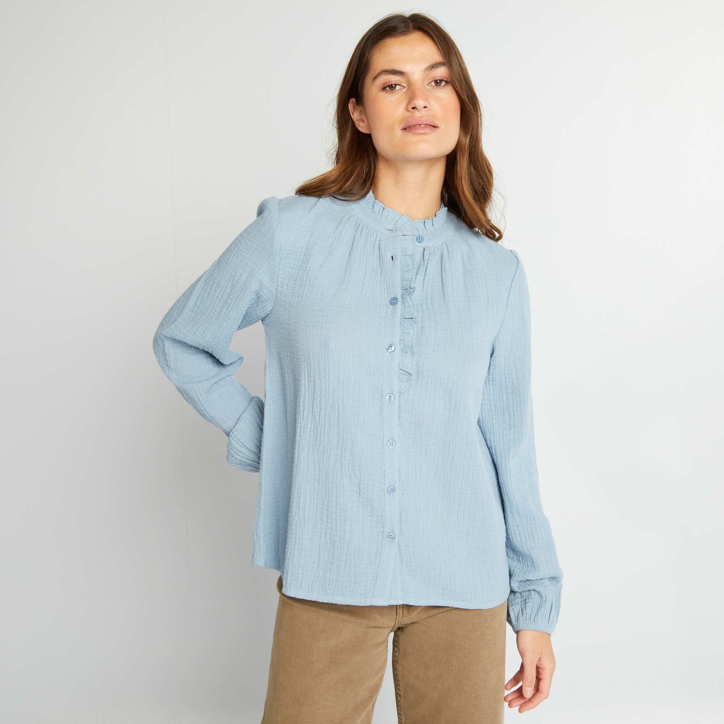 Double cotton gauze ruffled blouse BLUE