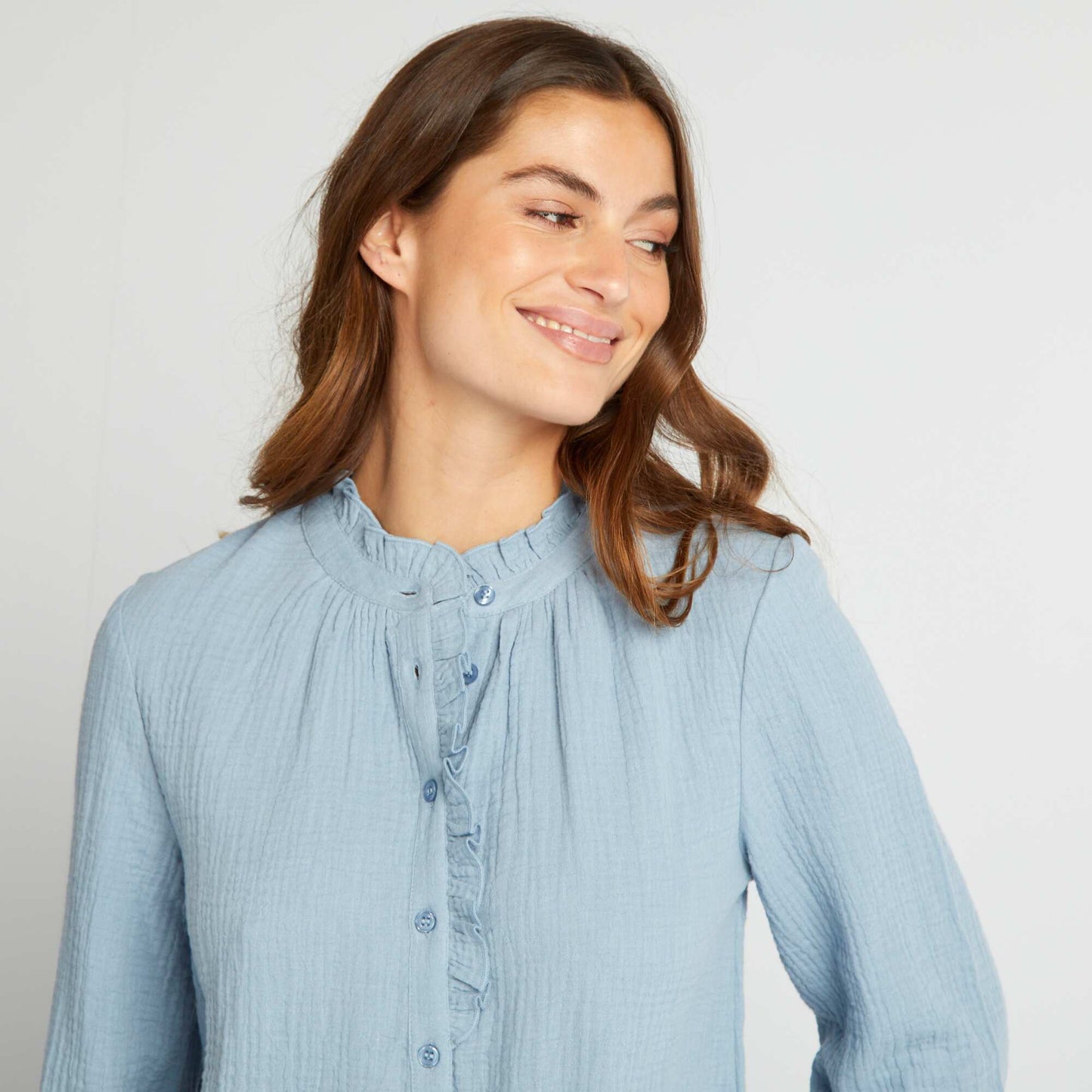 Double cotton gauze ruffled blouse BLUE