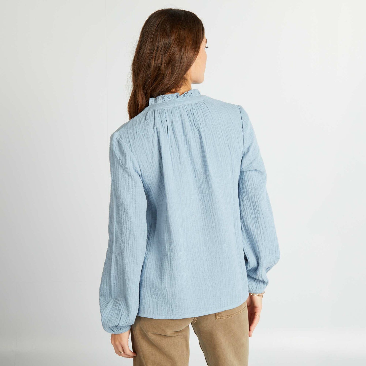 Double cotton gauze ruffled blouse BLUE