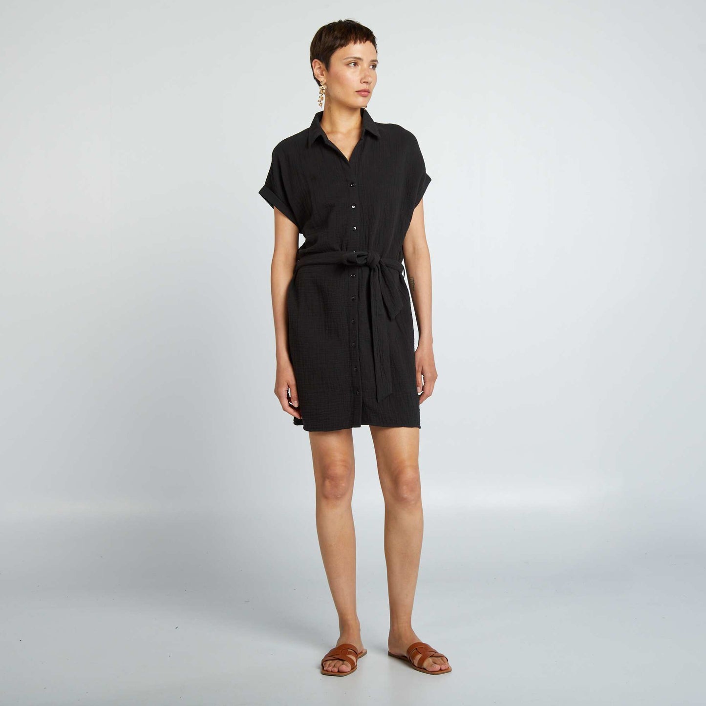 Short shirt-style double cotton gauze dress black