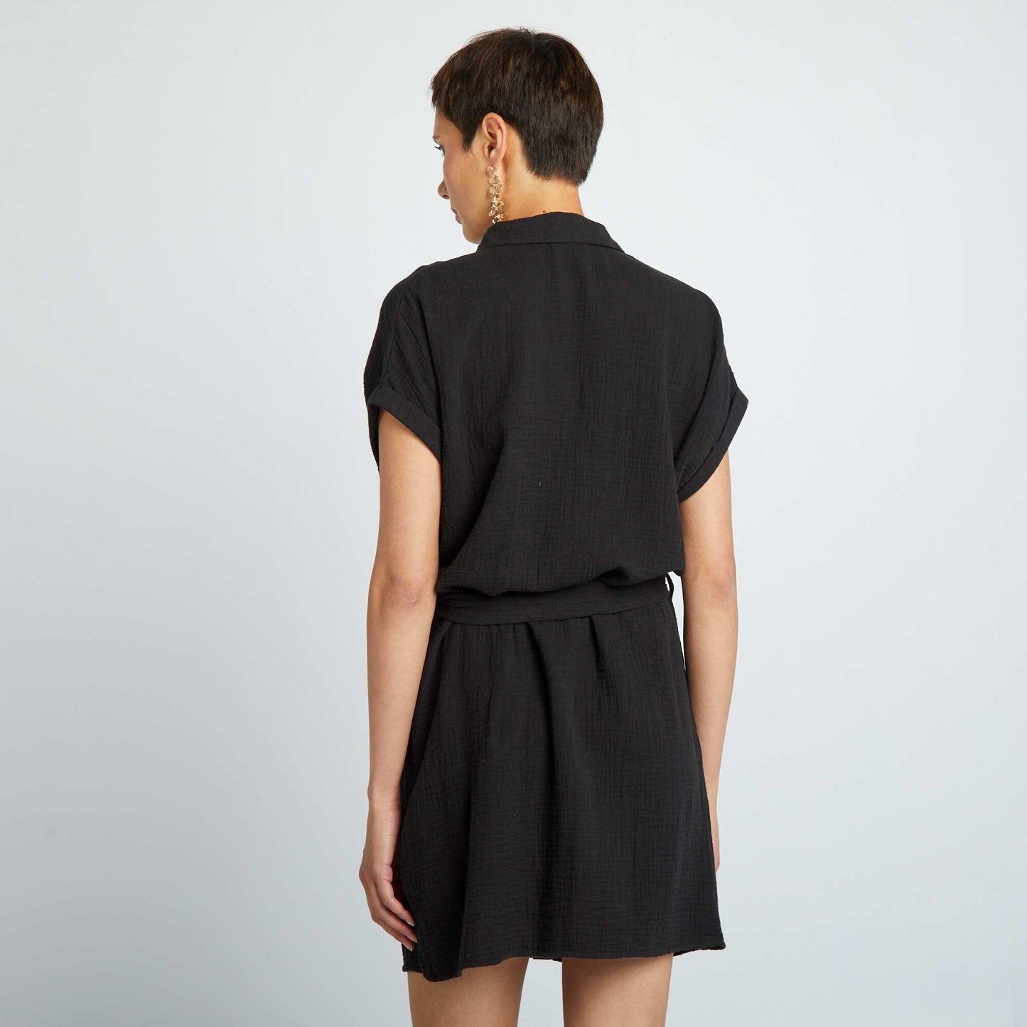 Short shirt-style double cotton gauze dress black