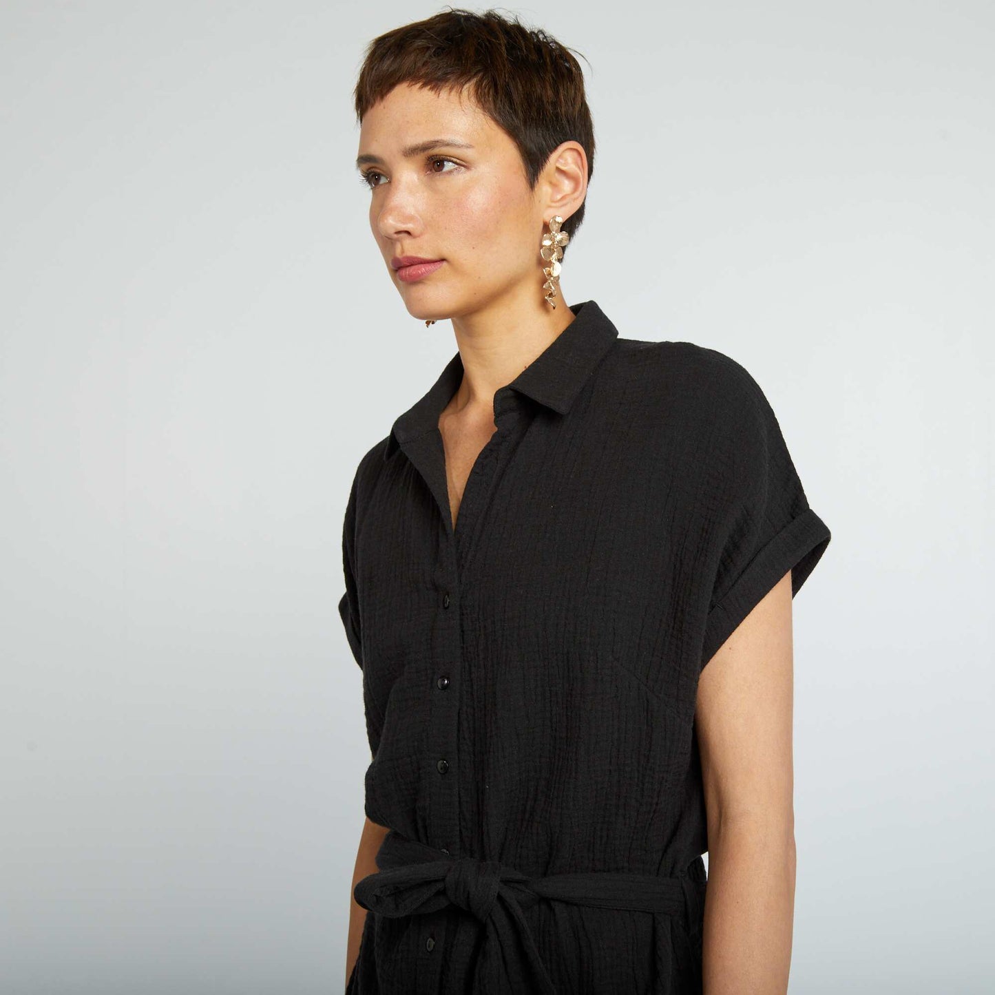 Short shirt-style double cotton gauze dress black