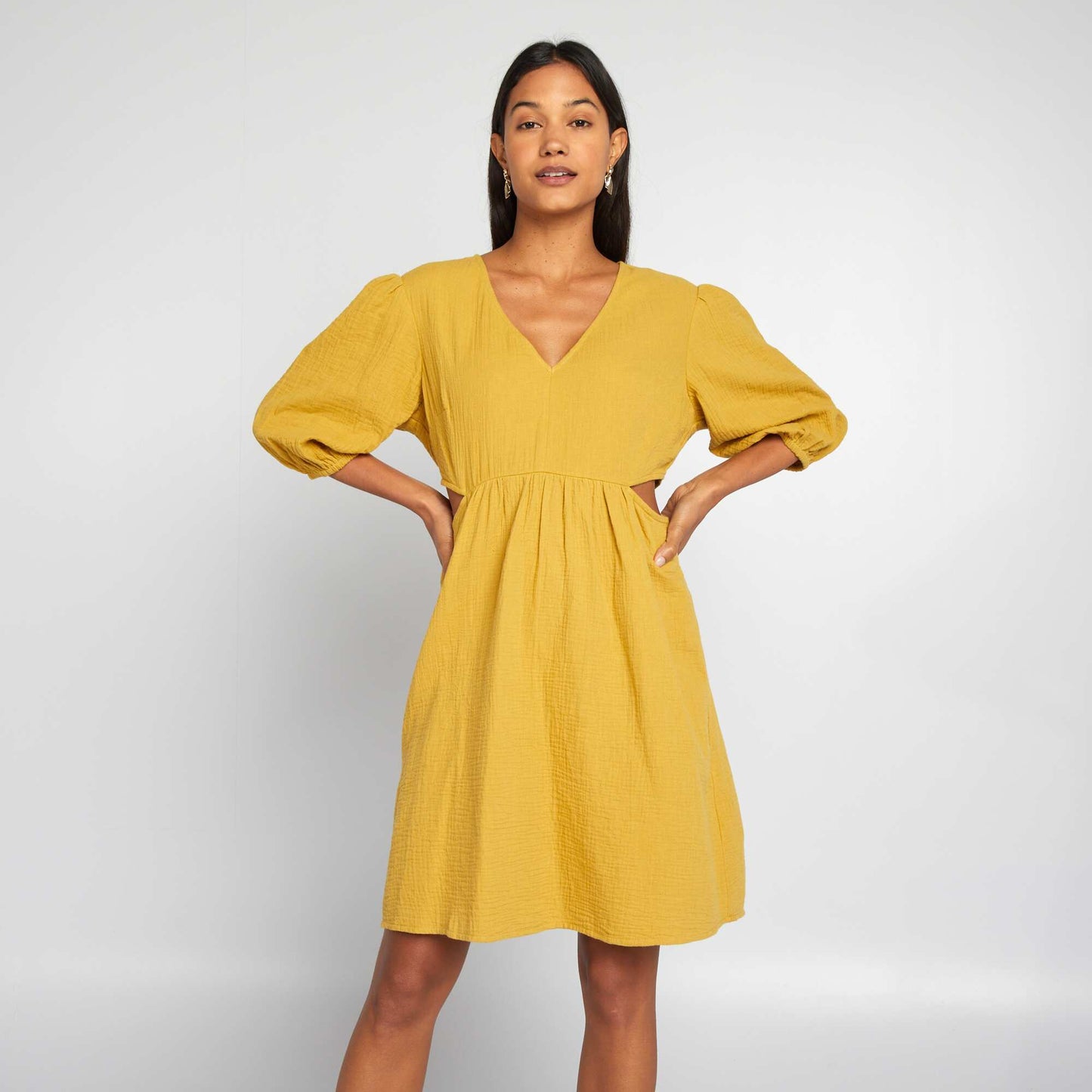 Cotton gauze dress with opening YELLOW