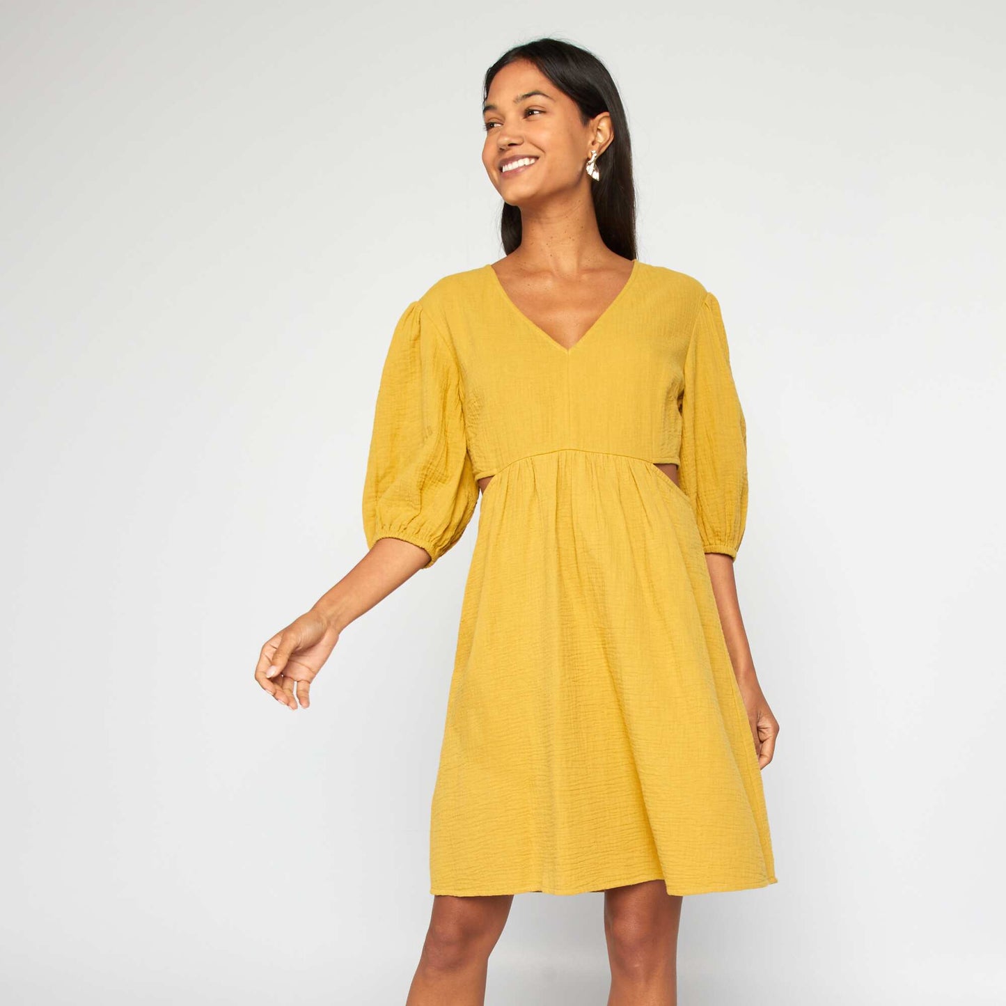 Cotton gauze dress with opening YELLOW